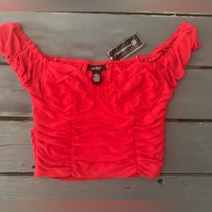 Just Polly Red Ruched Sweetheart Neckline Puff Sleeve Top NWT